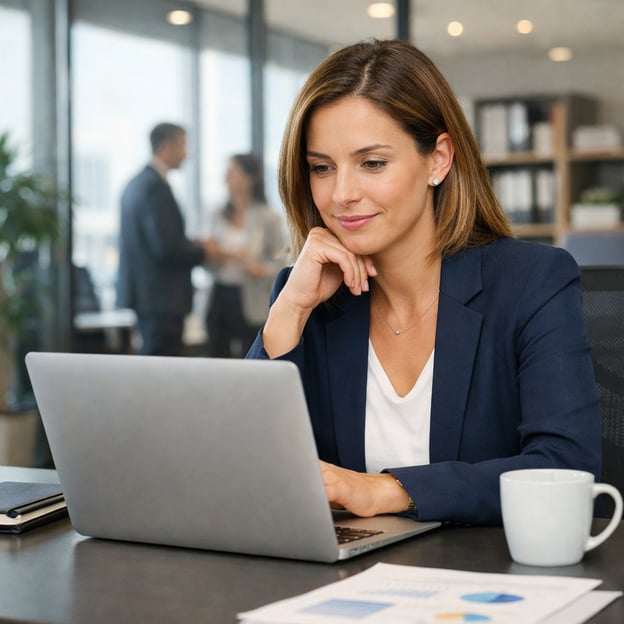 Business setting with a woman looking at a laptop